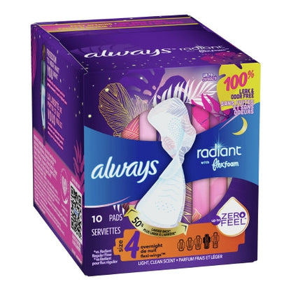 Always Radiant Overnight Pads w/ Flexi-Wings, Size 4, 10 ct.
