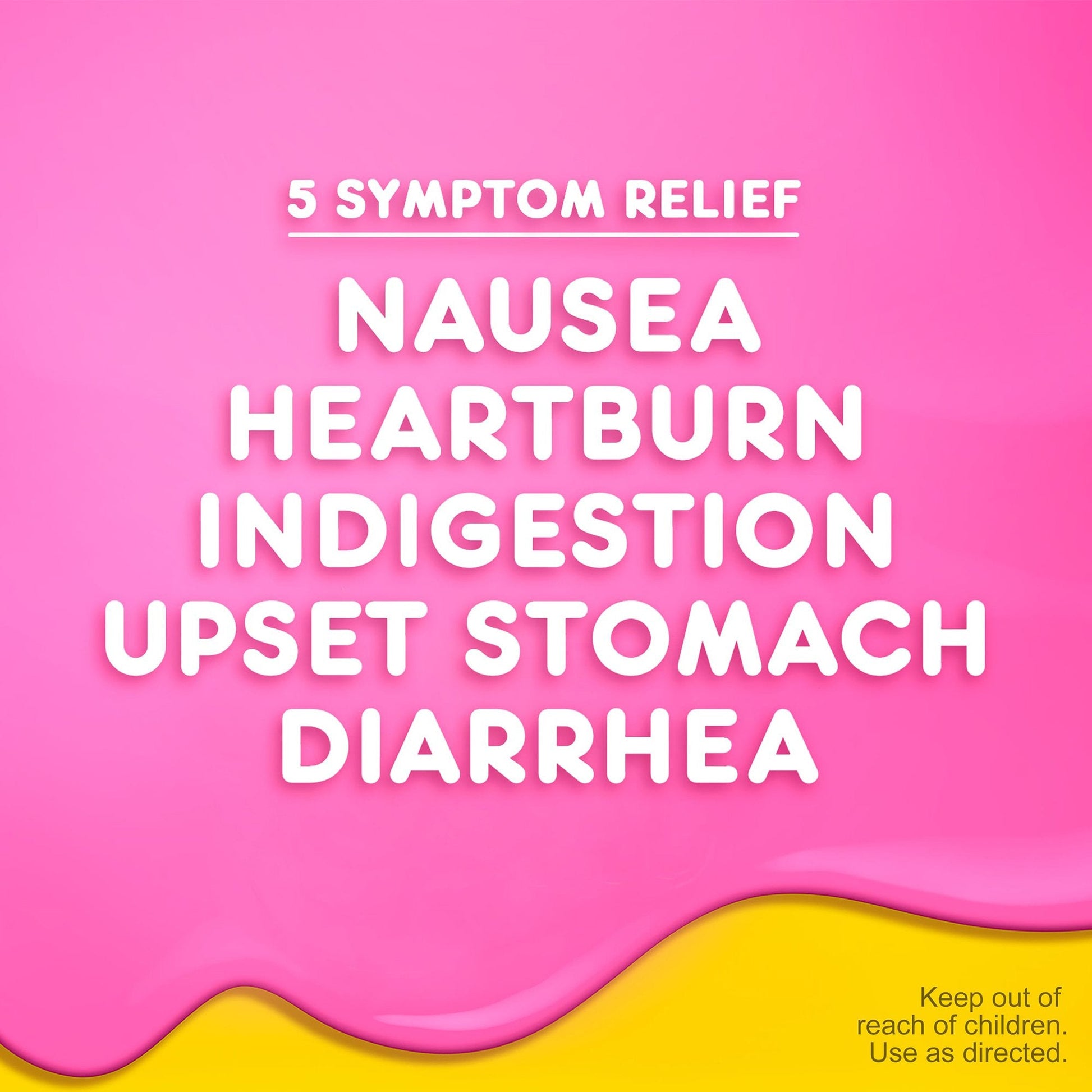 Pink background with white text listing symptoms and a yellow wave at the bottom.