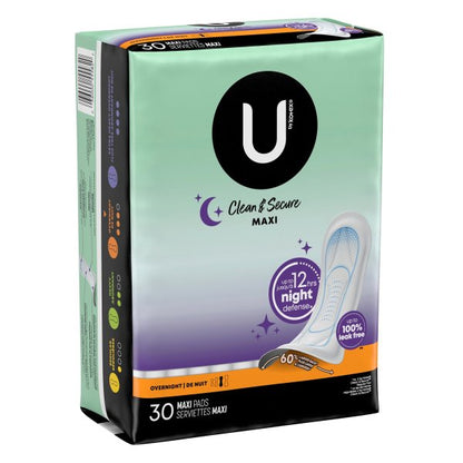 U by Kotex Clean & Secure Maxi pads packaging on a white background. This package contains 30 maxi pads.