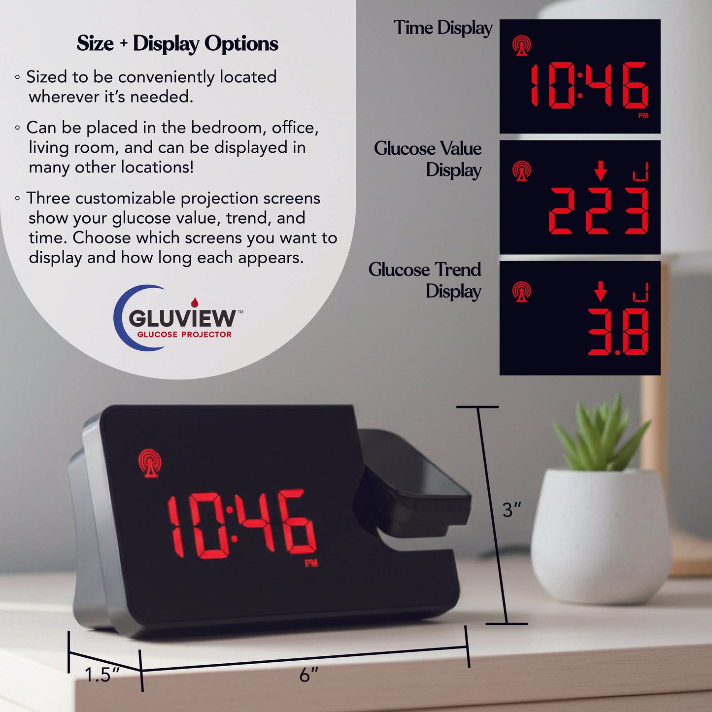 Gluview Glucose Clock Projector, Real-Time Glucose Display for Wall/Ceiling