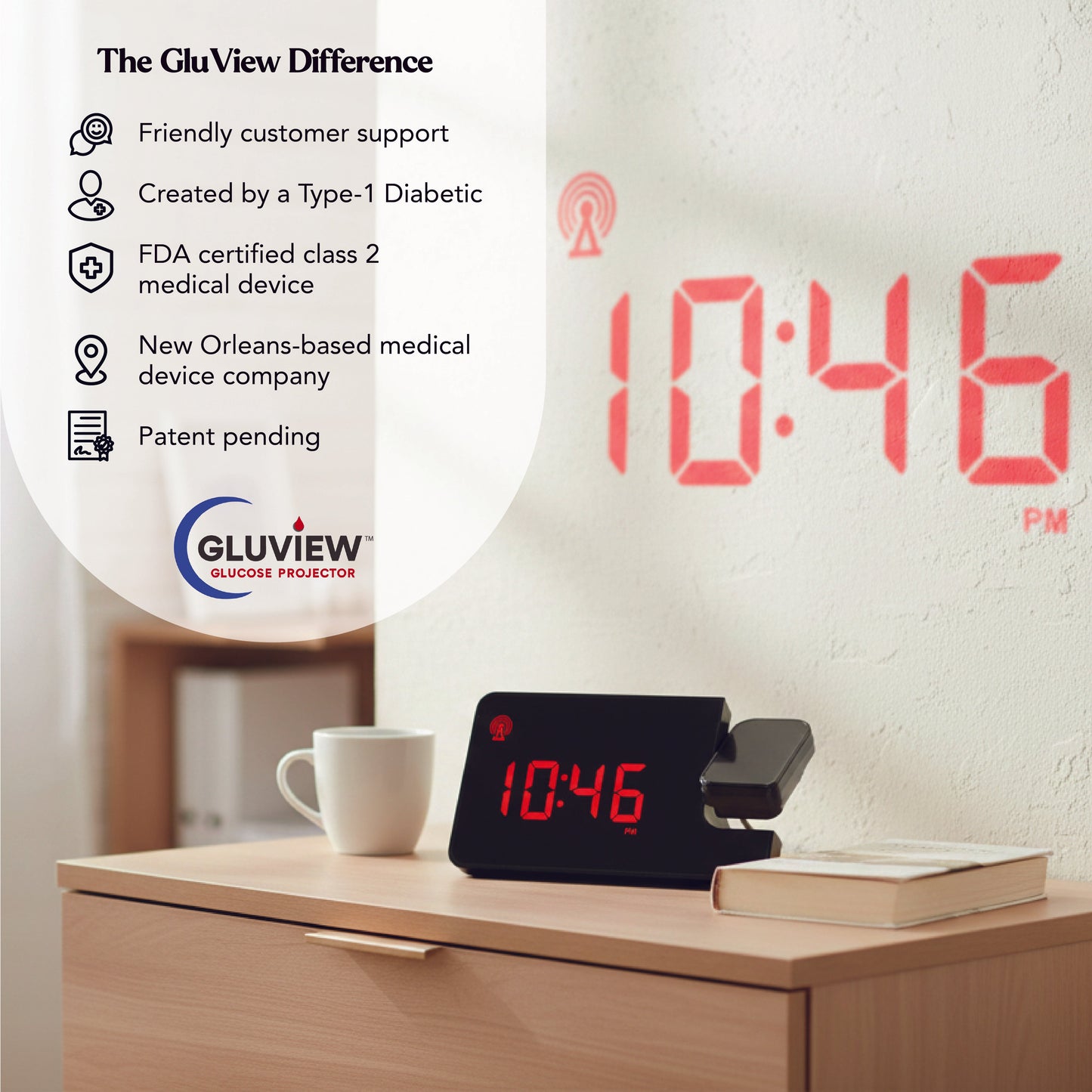 Gluview Glucose Clock Projector, Real-Time Glucose Display for Wall/Ceiling
