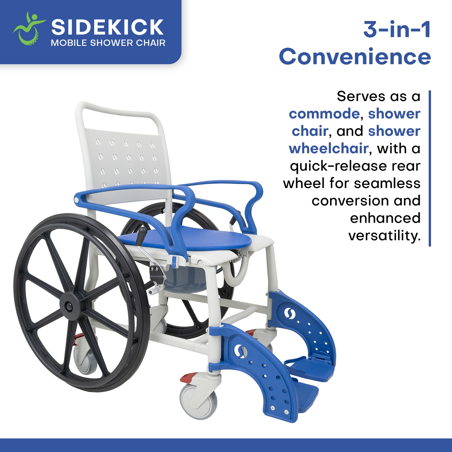 SideKick Wheeled Shower Chair Lightweight Rolling Shower Commode Chair for Assisted Bathing