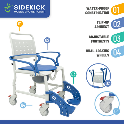 SideKick Wheeled Shower Chair Lightweight Rolling Shower Commode Chair for Assisted Bathing