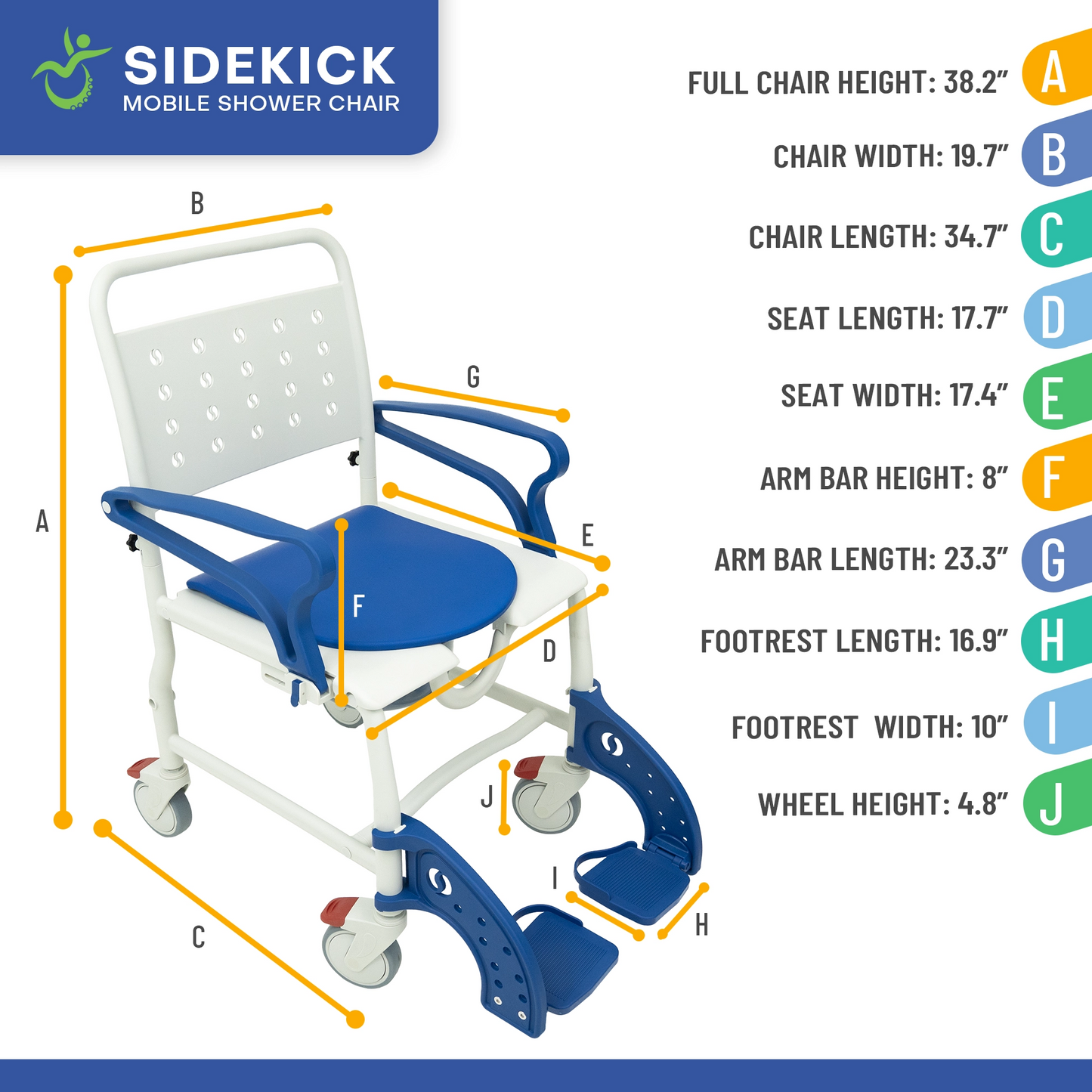 SideKick Wheeled Shower Chair Lightweight Rolling Shower Commode Chair for Assisted Bathing