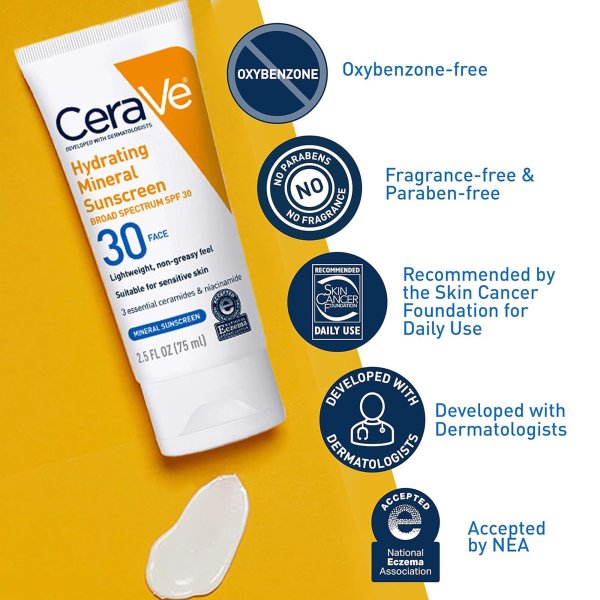 CeraVe Hydrating Mineral Sunscreen Face SPF 30 Lotion, 2.5 oz.