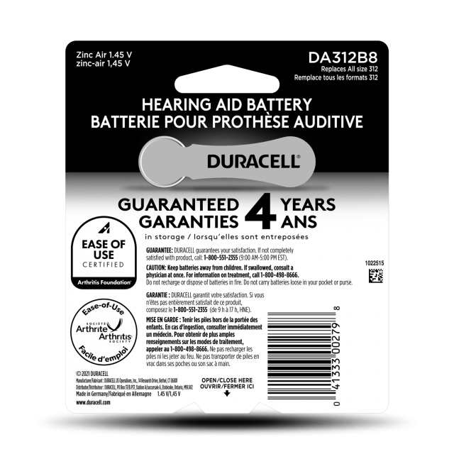 Duracell Size 312 Zinc-Air Disposable Hearing Aid Batteries, 8 ct.