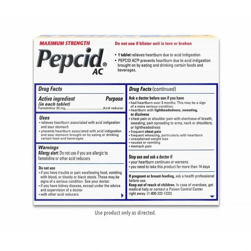 Pepcid AC Maximum Strength Tablets, 20 mg.