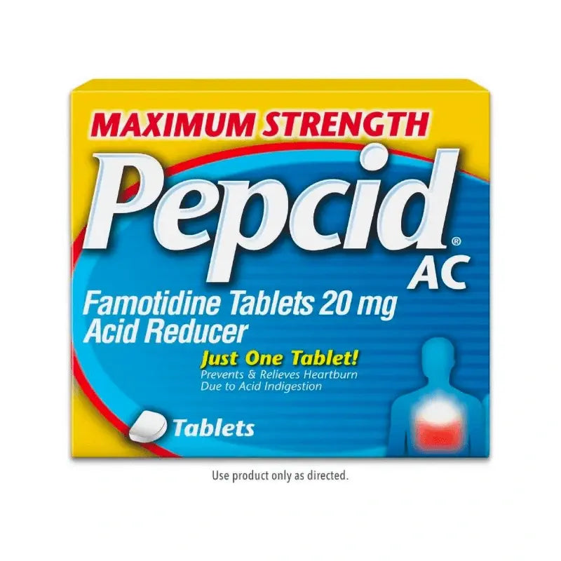 Pepcid AC Maximum Strength acid reducer packaging on a white background. 20 mg strength famotidine tablets