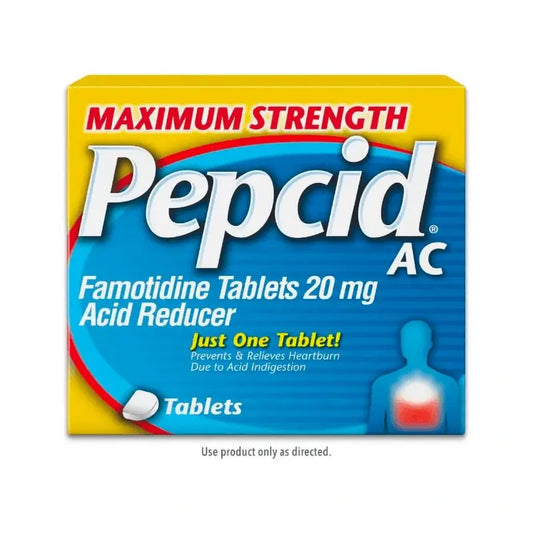 Pepcid AC Maximum Strength acid reducer packaging on a white background. 20 mg strength famotidine tablets