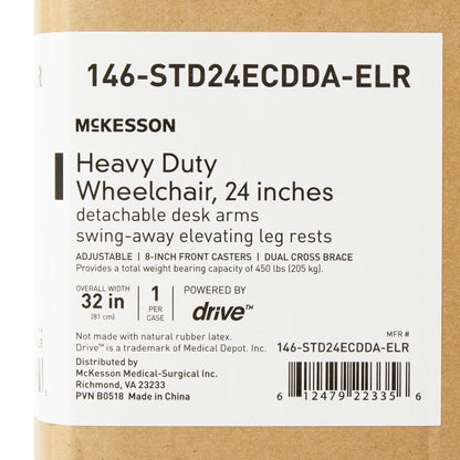 McKesson Heavy-Duty Wheelchair, 450 lb. Capacity, 22 - 24" Seat Widith