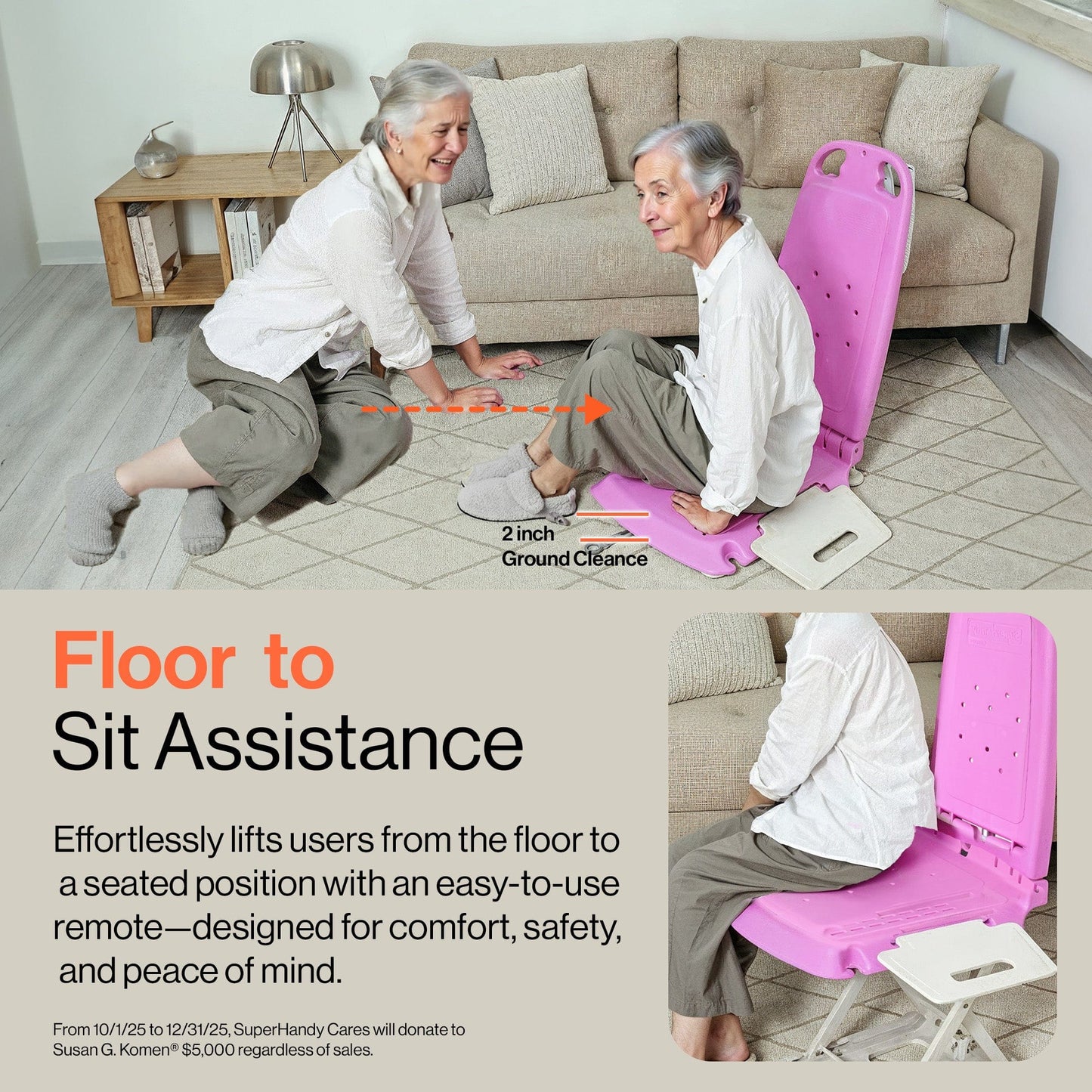 SuperHandy GoRise LT Portable Floor & Bath Lift – Pink Susan G. Komen® Edition – Lightweight (19 lbs), 330 lb Capacity, IP68 Waterproof