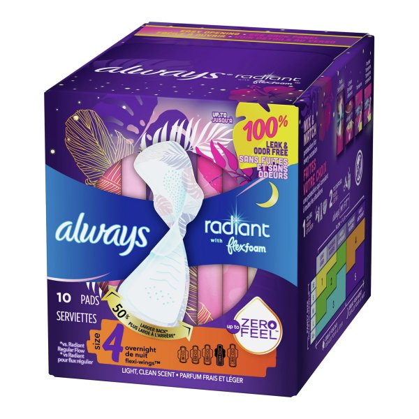 Always Radiant Overnight Pads w/ Flexi-Wings, Size 4, 10 ct.