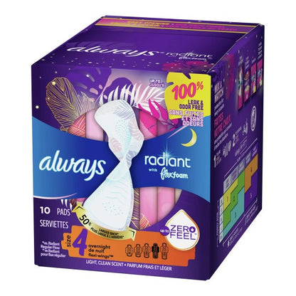 Always Radiant Overnight Pads w/ Flexi-Wings, Size 4, 10 ct.